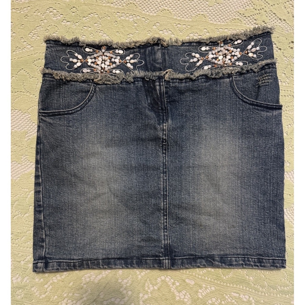 VTG Y2K International Concepts Inc Mini Skirt‎ Denim Frayed & Beading Sz 2 Boho
